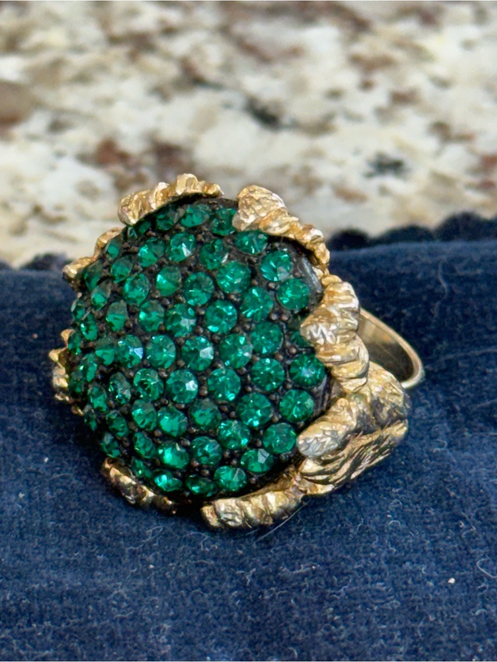 Vintage Gold-Tone Ring with Emerald Green Crystal Pavé stones 1960’s